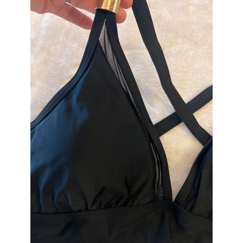 Blooming Jelly Black Mesh V Neck Cross Back Bikini Top Gold Hardware L - Picture 2 of 3